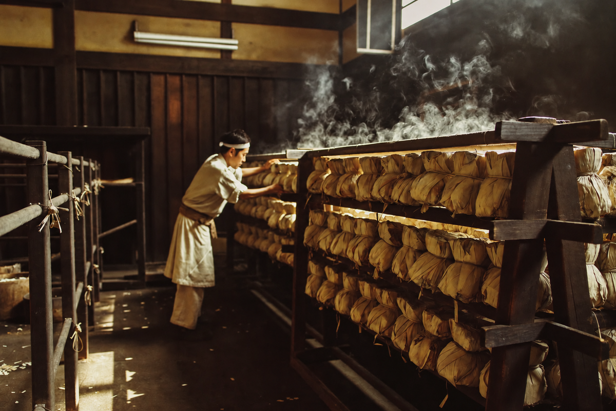 木製の棚にわら包みの大豆が並ぶ、日本の伝統的な納豆づくり
