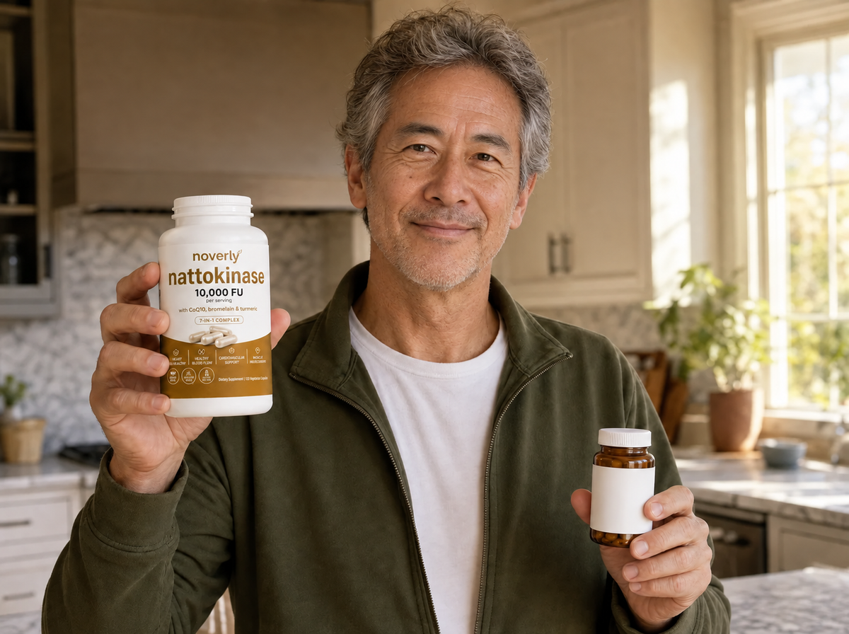 キッチンでNoverlyのナットウキナーゼを手に持つ男性